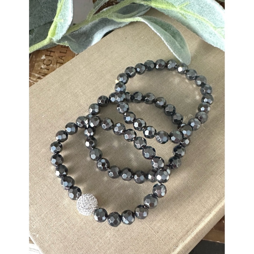 Set of 3 hematite bracelets on a stretch cord